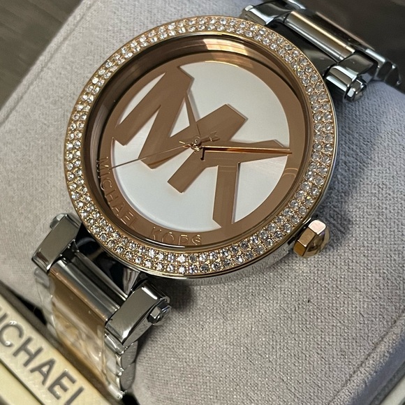 MICHAEL KORS Women's Parker Rose Gold/Silver Crystal Watch MK Logo MK6314 New! - Picture 5 of 10